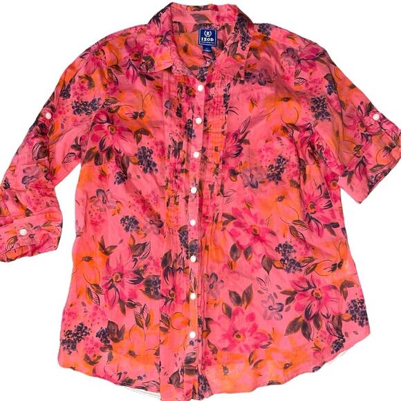 IZOD Vintage Peachy Floral Semi-Sheer Button Up Blouse Large - Picture 1 of 5